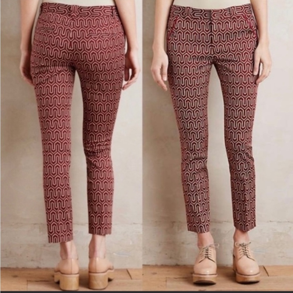 Anthropologie Burgundy Geometric Print Trousers